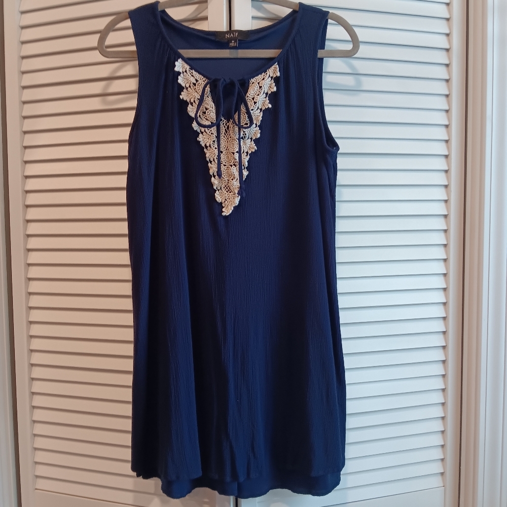 Navy Blue Sleeveless Dress with Lace Detail